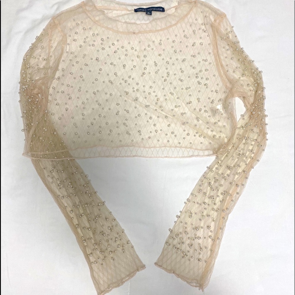 Naked wardrobe Crop top in cream color with pearls